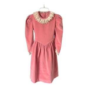VTG Sarah Kent Girls Holiday Dress Sz 7 Pink Lace Collar Puffy Shoulders T…